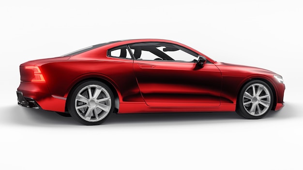 Concept-car sport coupé premium. Hybride rechargeable. Technologies de transport respectueux de l'environnement. Voiture rouge sur fond blanc. rendu 3D.