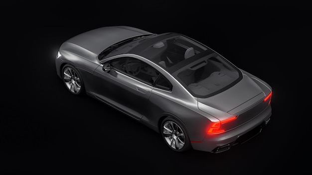 Concept-car sport coupé premium. Voiture grise sur fond noir. Hybride rechargeable. Technologies de transport respectueux de l'environnement. rendu 3D.