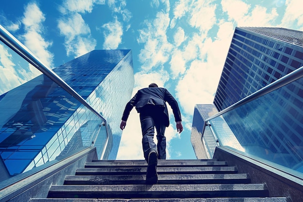 concept de carrière vue arrière de l'homme d'affaires montant les escaliers sur le fond de la ville d'affaires