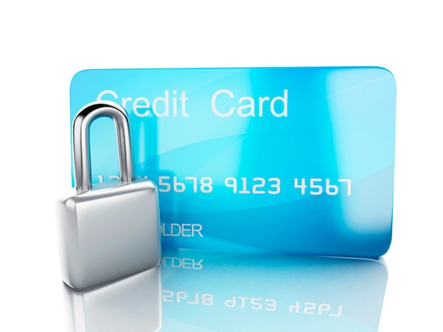 Concept de carte de crédit et lock.safe sur fond blanc
