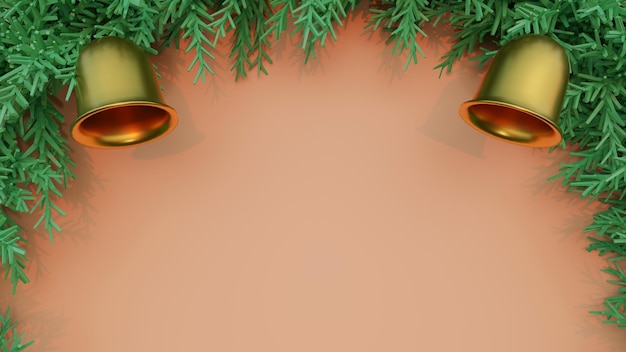 Concept de carte de Noël de rendu 3D La cloche et la couronne sur le fond de l'espace libre