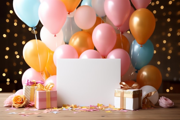 Concept de carte de voeux Un anniversaire d'enfant festif avec un gâteau et des cadeaux de ballons