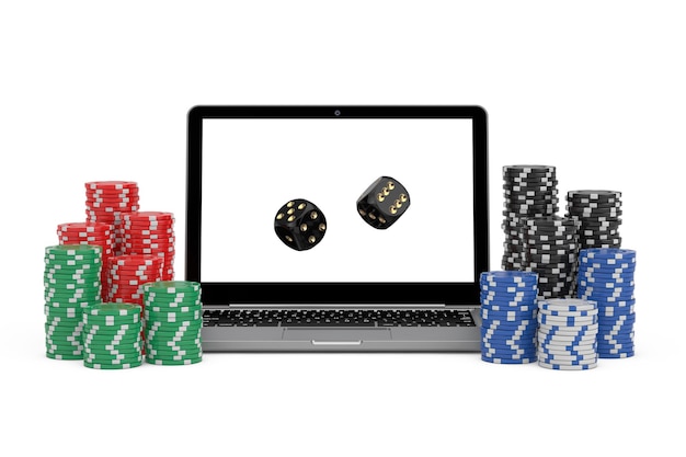 Concept de casino en ligne Jetons de jeu et cubes de dés de jeu noir de casino avec ordinateur portable moderne sur fond blanc Rendu 3d