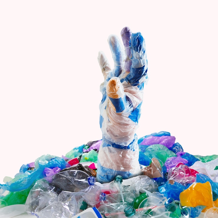 Photo concept de catastrophe écologique, pollution de l'environnement, ordures. arrêtez le plastique. espace négatif pour insérer votre texte ou votre annonce. design moderne. collage d'art contemporain coloré et lumineux. aspect inhabituel.