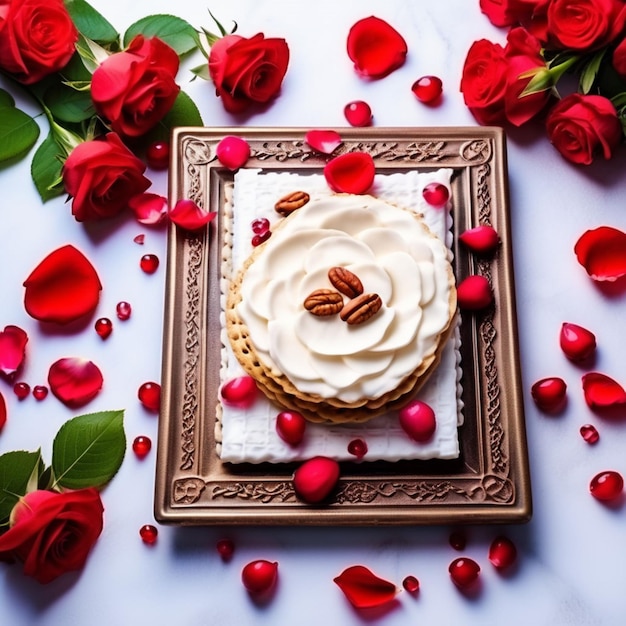 Le concept de la célébration de la Pâque Matzah vin rouge casher noix et printemps belles fleurs de roses