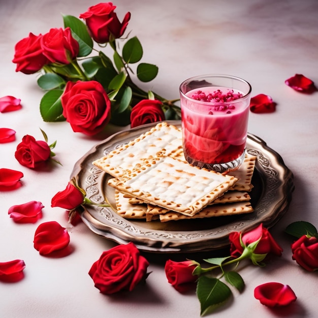 Le concept de la célébration de la Pâque Matzah vin rouge casher noix et printemps belles fleurs de roses