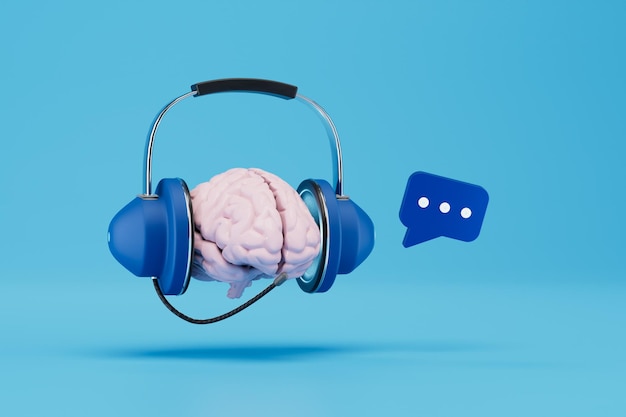 Le concept de cerveau de rétroaction dans les écouteurs avec microphone et icône de message sur fond bleu