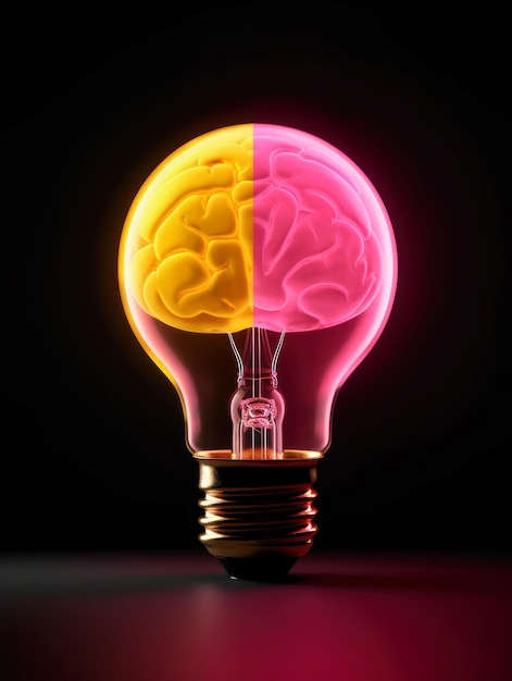 Photo concept de cerveau rose et jaune dans une ampoule sur fond noir ai générative