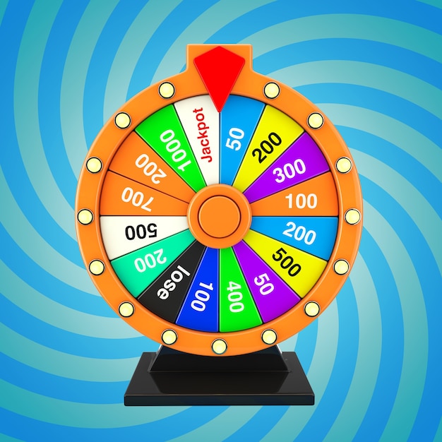 Concept de chance et de fortune. Tourner la roue de la fortune colorée sur un fond bleu. Rendu 3D