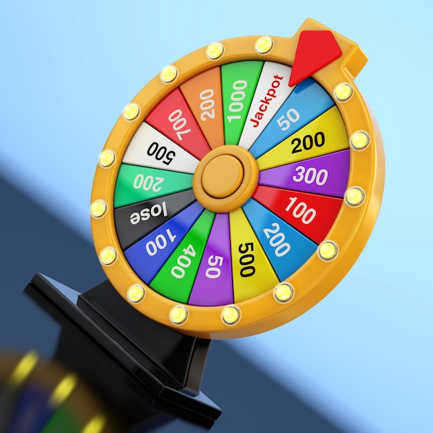 Concept de chance et de fortune. Tourner la roue de la fortune colorée sur un fond bleu. Rendu 3D