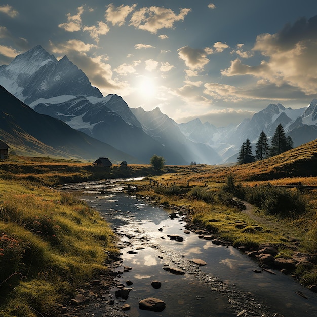 Concept de changement d'heure du jour et de la nuit au-dessus du paysage d'été avec un lac à haute altitude