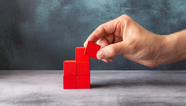 Concept de changement de main tenant les cubes de blocs de bois rouges