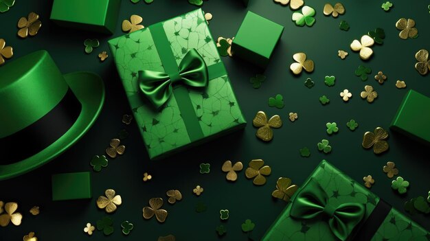 Photo concept de chapeau de saint-patrick, boîtes cadeaux, décoration en or, arrière-plan, vue supérieure