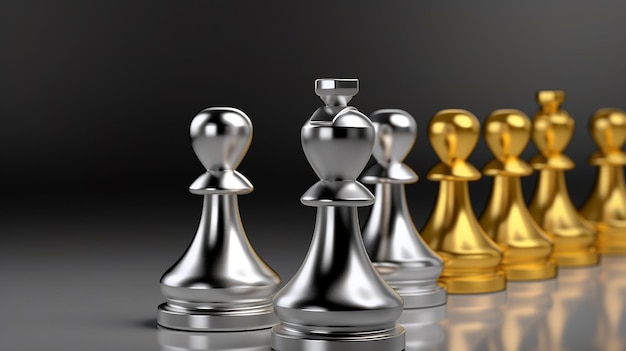 Concept de chef d'équipe Figure d'échecs dorée et argentée 3D