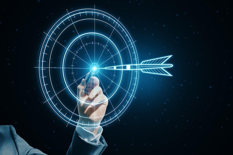 Photo concept cible avec un hologramme lumineux de bullseye et flèche frappant le centre stratégie de croissance succès de la réalisation des objectifs
