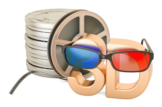 Concept de cinéma 3D lunettes 3D et bobines de film rendu 3D