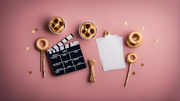 Concept de cinéma Film clapperboard film bobine pop-corn et des verres sur fond rose