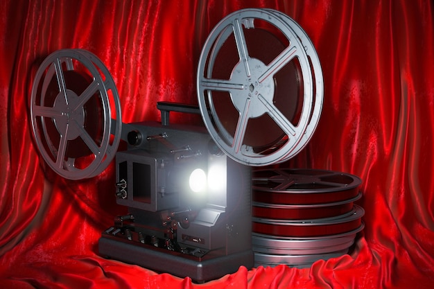 Concept de cinéma Projecteur de cinéma avec bobines de film sur le rendu 3D en tissu rouge