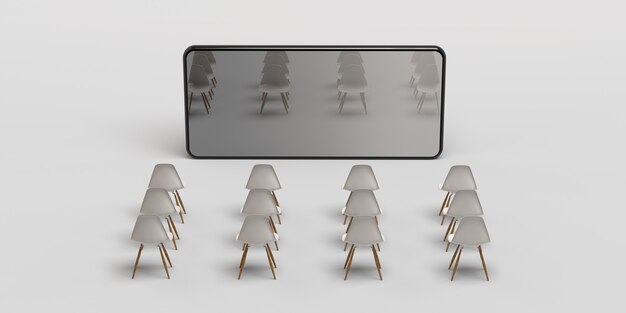 Concept de cinéma smartphone. Chaises devant le téléphone portable. Bannière. illustration 3D. App. Espace de copie.