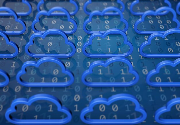 Concept de cloud computing Forme de nuage bleu sur un fond de code binaire Rendu 3D