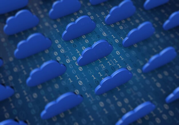 Concept de cloud computing Forme de nuage bleu sur un fond de code binaire Rendu 3D