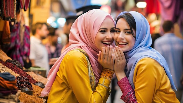 Photo concept de commérage secret femme arabe heureuse en hijab