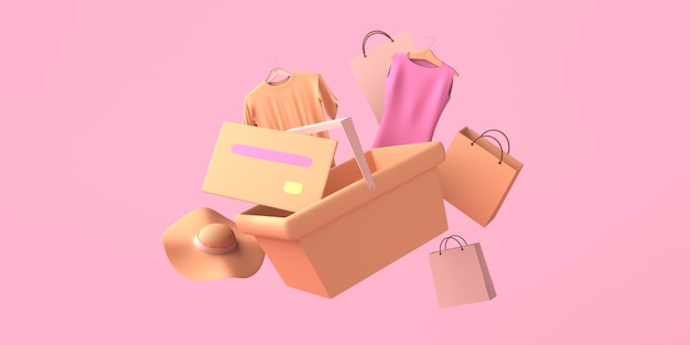 Concept commercial avec panier, carte de crédit et sacs. Espace de copie. illustration 3D.