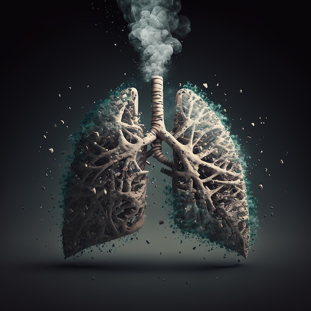 Concept de conception graphique Illustration pulmonaire humaine 3D avec des éléments en fer fumé, en métal, en or et en bois