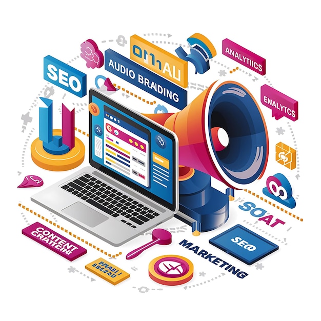 Concept de conception marketing avec haut-parleur d'ordinateur portable et d'autres éléments Illustration vectorielle isométrique Modèle de page d'atterrissage pour l'arrière-plan Web