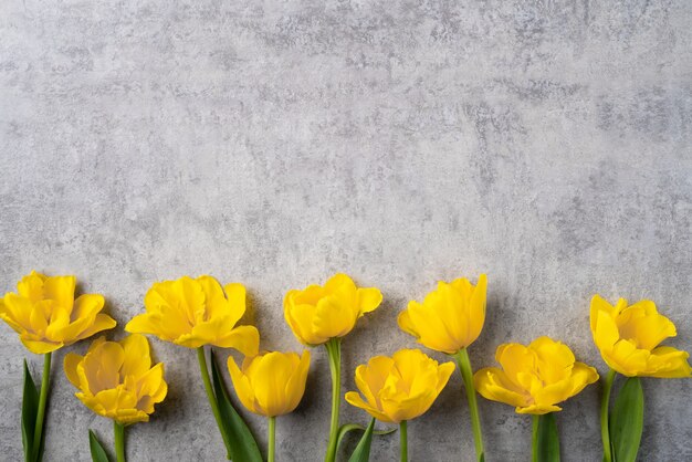 Concept de conception de voeux de vacances fête des mères avec bouquet de fleurs de tulipe jaune sur fond gris