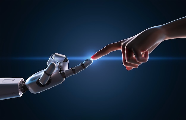 Le concept de connexion technologique avec rendu 3d du doigt humain se connecte au doigt du robot