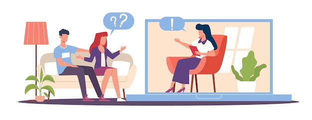 Concept de conseil en ligne couple discutant de problèmes mentaux avec un psychologue de famille couple malentendu personnages de dessins animés style plat illustration isolée psychothérapie vectorielle aide