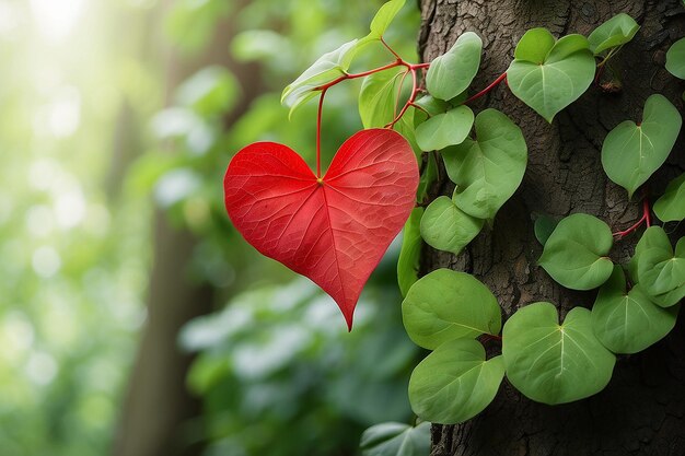 Concept de conservation de l'environnement Une feuille rouge en forme de cœur dans un arbre à côté de feuilles vertes symbolisant le soin et l'amour de la nature