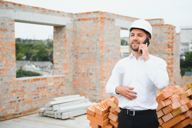 Concept de construction d'ingénieur travaillant sur un chantier de construction avec impression bleue