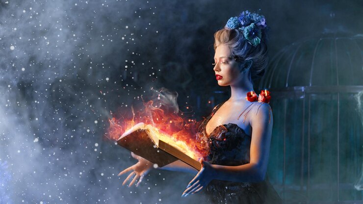 Concept de conte de fées de Noël. La reine des neiges appelant l'hiver utilise un livre de sorts avec incantation de feu. Les femmes d'enchantement utilisent la magie du feu pour lutter contre la tempête de neige froide de l'hiver.