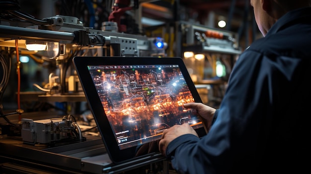 Concept de contrôle industriel intelligentTablette à la main avec un équipement d'automatisation flou en arrière-plan