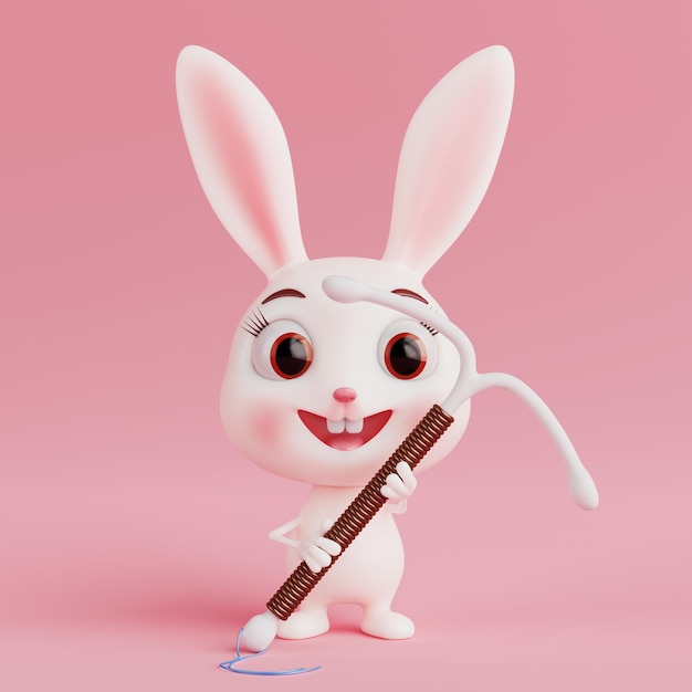 Concept de contrôle des naissances Cartoon mignon personnage de lapin femelle Personne avec un DIU en forme de T Dispositif intra-utérin en cuivre dans ses mains Rendering 3D