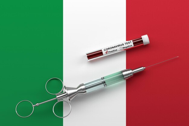 Concept de coronavirus en Italie. seringue avec vaccin et test positif pour le coronavirus 2019-nCoV sur le drapeau de l'Italie. rendu 3D.