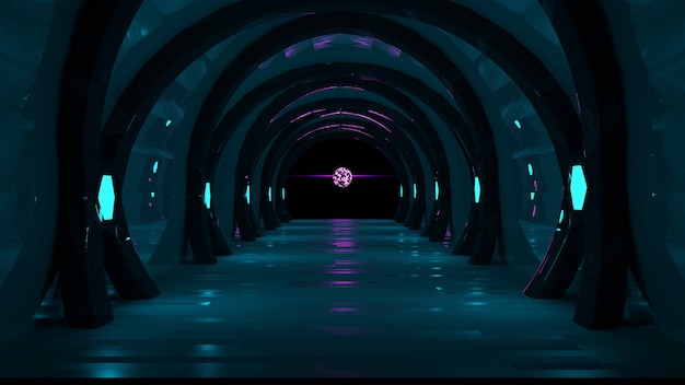 Concept de couloir futuriste avec des néons verts et roses abstrait rendu 3d de fond sombre