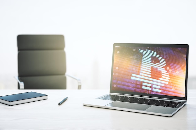 Concept créatif de Bitcoin sur l'écran d'un ordinateur portable moderne Rendering 3D