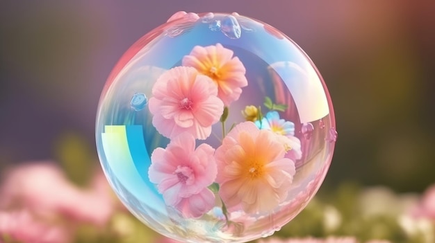 Concept créatif de bulle de savon en gros plan avec des fleurs roses fraîches à l'intérieur