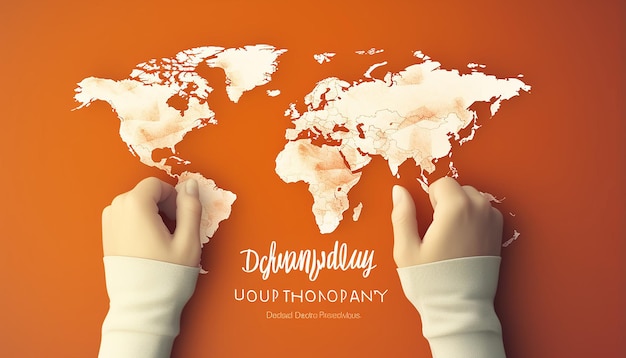 Photo concept créatif de la journée internationale de la solidarité humaine avec la main et la carte du monde