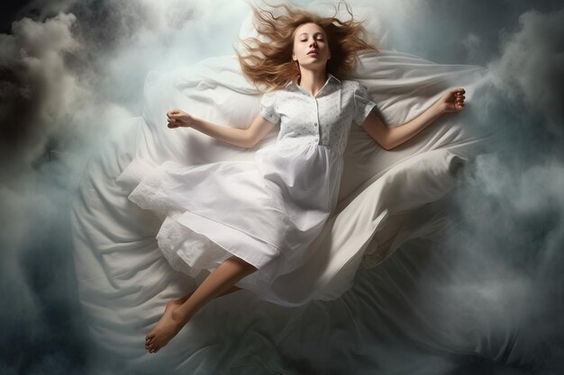 Concept créatif sur le thème du sommeil et des rêves Photo surréaliste d'une femme endormie en lévitation