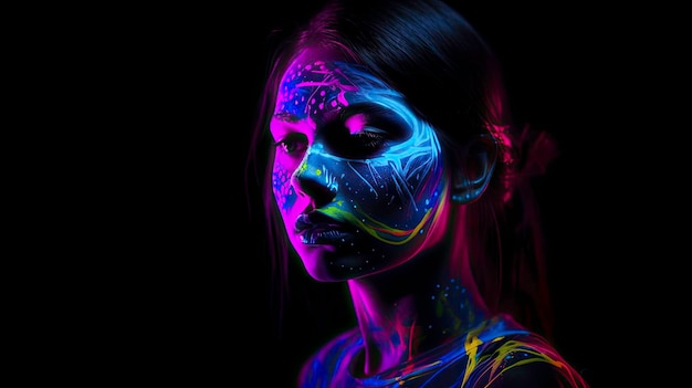 Un concept créatif d'un visage avec Neon Glow in the Darkness Une photo générée par AI