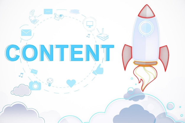 Concept de création de contenu avec une fusée sur fond blanc Rendering 3D