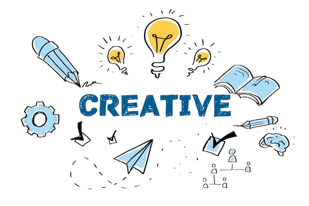 Concept de créativité dessiné à la main avec des griffons sur un fond blanc mettant en vedette un crayon une ampoule de lumière des livres un avion de papier à engrenages