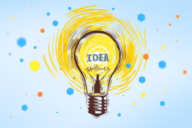 Concept de créativité d'idée avec ampoule colorée manuscrite avec des points bleus rouges et jaunes autour sur fond bleu clair rendu 3D
