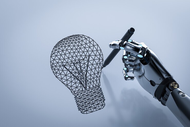 Photo concept de créativité avec robot de rendu 3d dessiner une ampoule polygonale