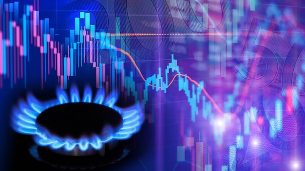 Concept de croissance des coûts du gaz naturel avec brûleurs à gaz et graphiques boursiers