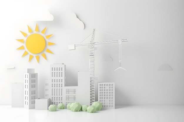 Photo concept de croissance durable paysage de développement de la ville avec des grues de tour dans le style art du papier de couleur pastel illustration 3d minimaliste